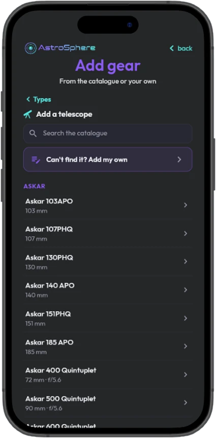 Telescope catalogue listing Askar models, with a search box and an add-my-own option