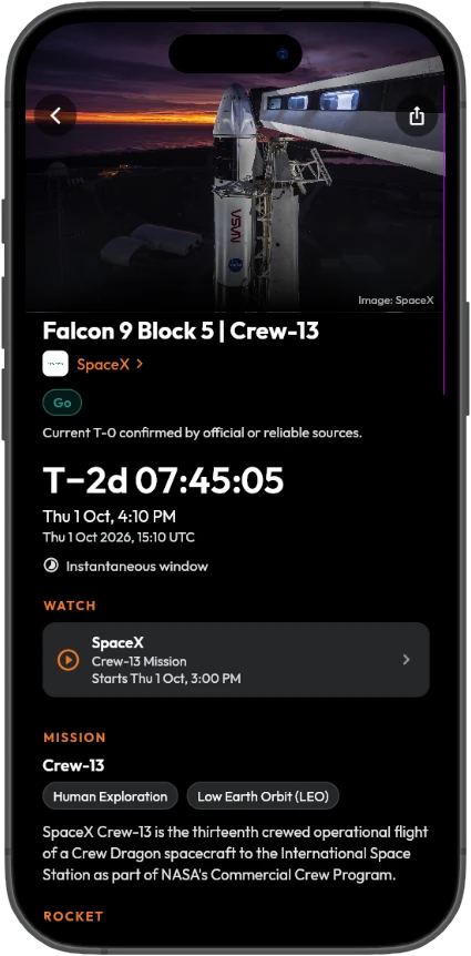 Launch detail page for Crew-13 with countdown, Go status, webcast link and mission