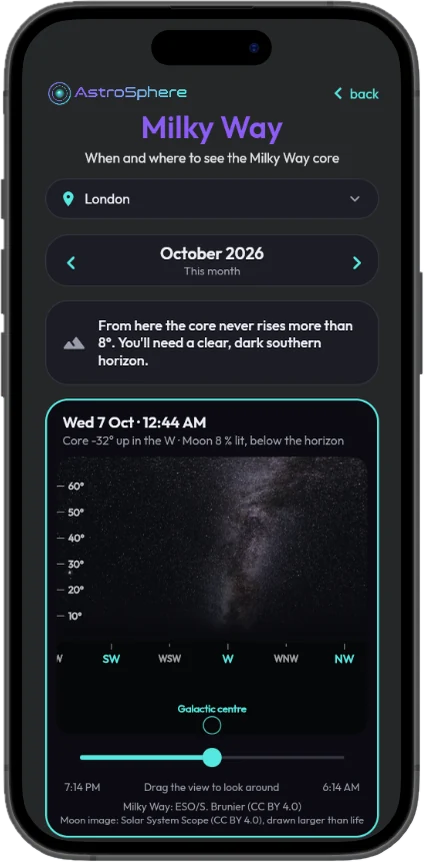 Milky Way Planner with a realistic sky view and a time slider for where the core sits tonight