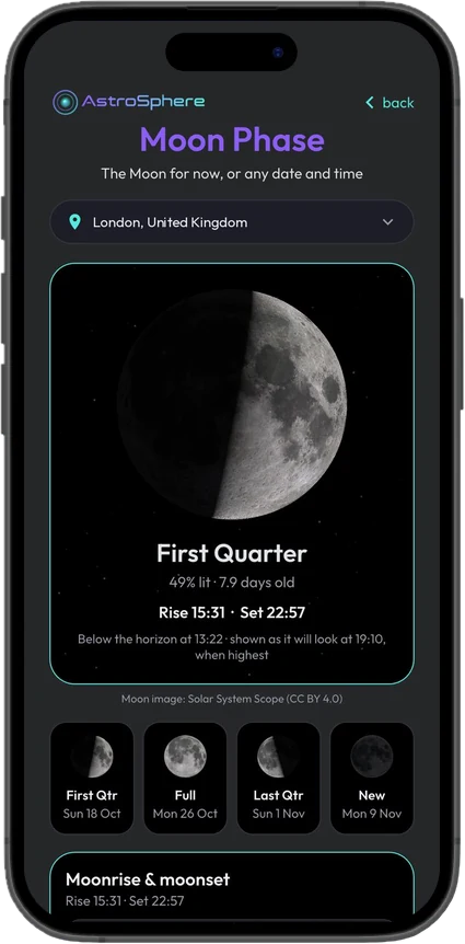 Moon Phase showing a realistic First Quarter Moon, 49% lit, with rise and set times