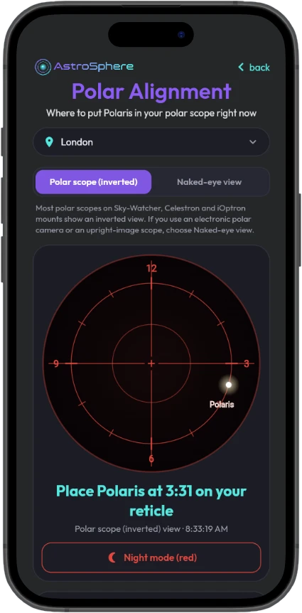 Polar scope reticle showing Polaris at 11:56, with a night mode button