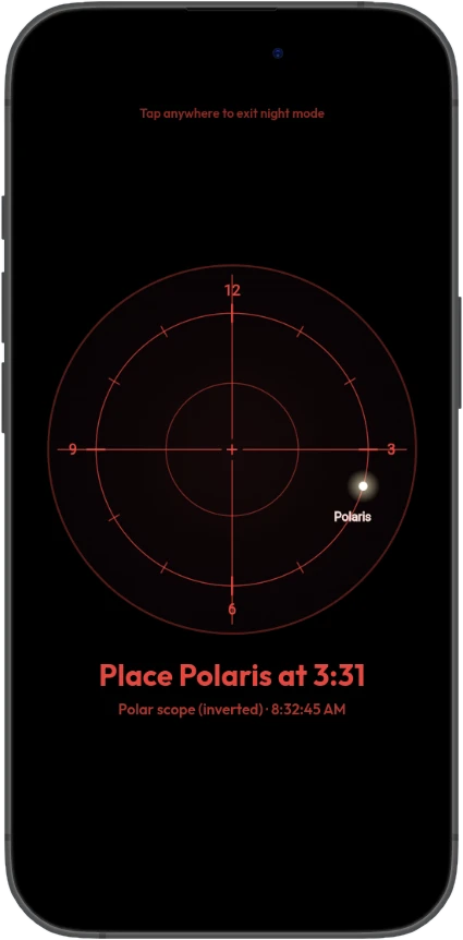 Red night mode showing where to place Polaris on the polar scope reticle