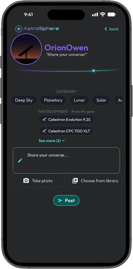 Create post screen with category chips, gear tags from My Gear, and a caption box