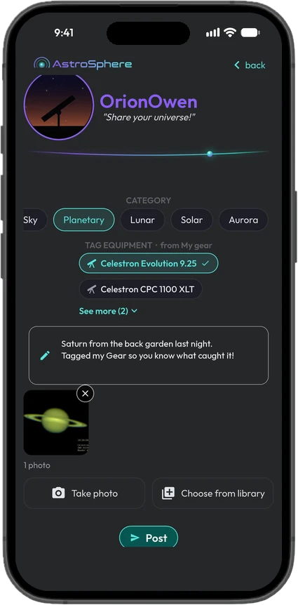Create post with a Saturn photo added, Planetary selected, a telescope tagged and a caption typed