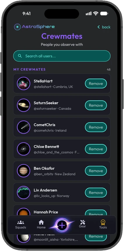 Crewmates screen listing crewmates with their usernames and locations