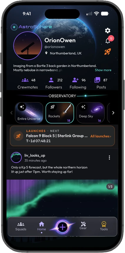 The Sky Feed with the next launch countdown at the top and an aurora photo below