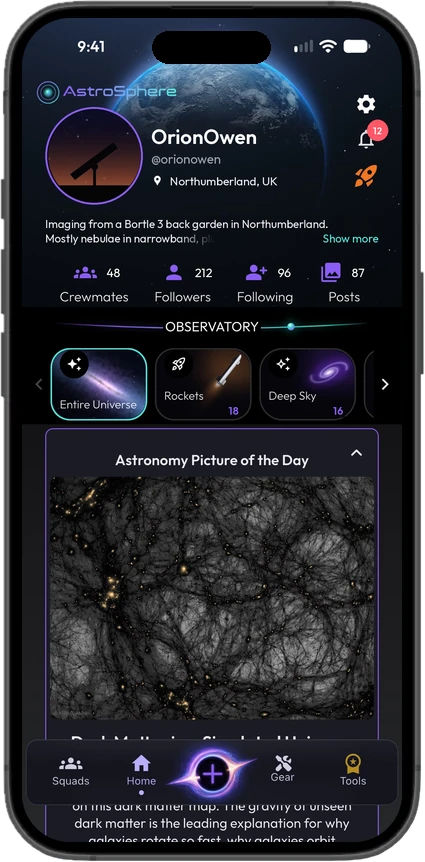 AstroSphere home screen with profile, bio, category tiles and the Astronomy Picture of the Day
