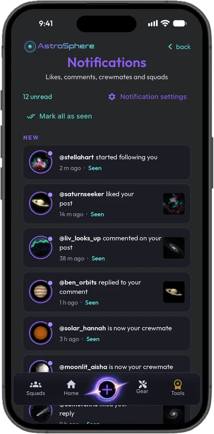 Notifications screen showing new followers, likes, comments, replies and crewmates