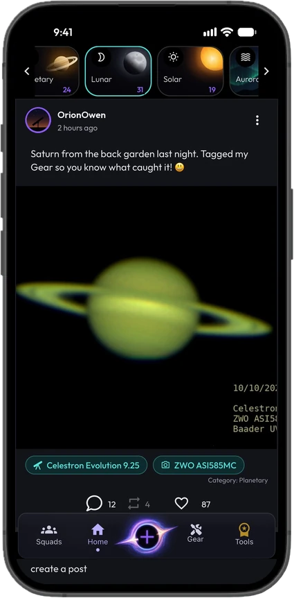 The new Saturn post in the feed with the telescope and camera tagged