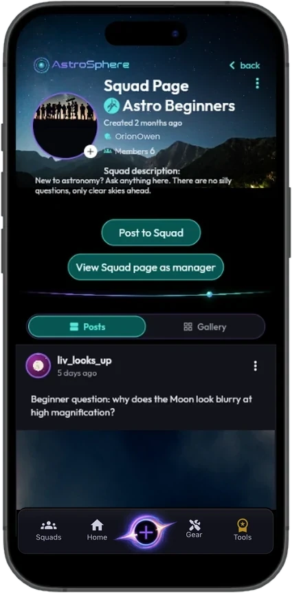 Astro Beginners squad page with its description, Post to Squad button and the squad feed