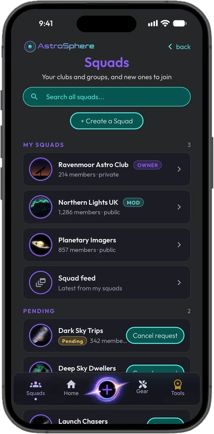 Squads list with Ravenmoor Astro Club, Northern Lights UK, Planetary Imagers and pending requests