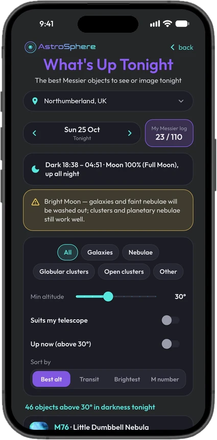 What’s Up Tonight with tonight’s darkness, object filters and your Messier log count